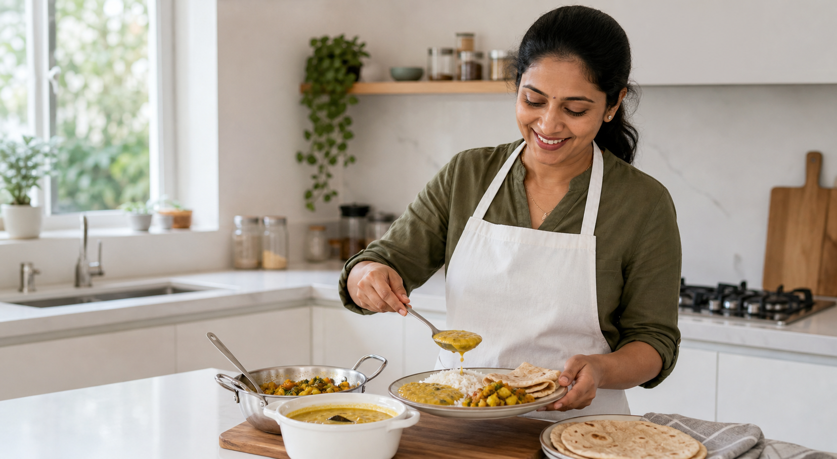 South Indian home cook smiling while plating dal, rice, roti and sabzi in a bright kitchen